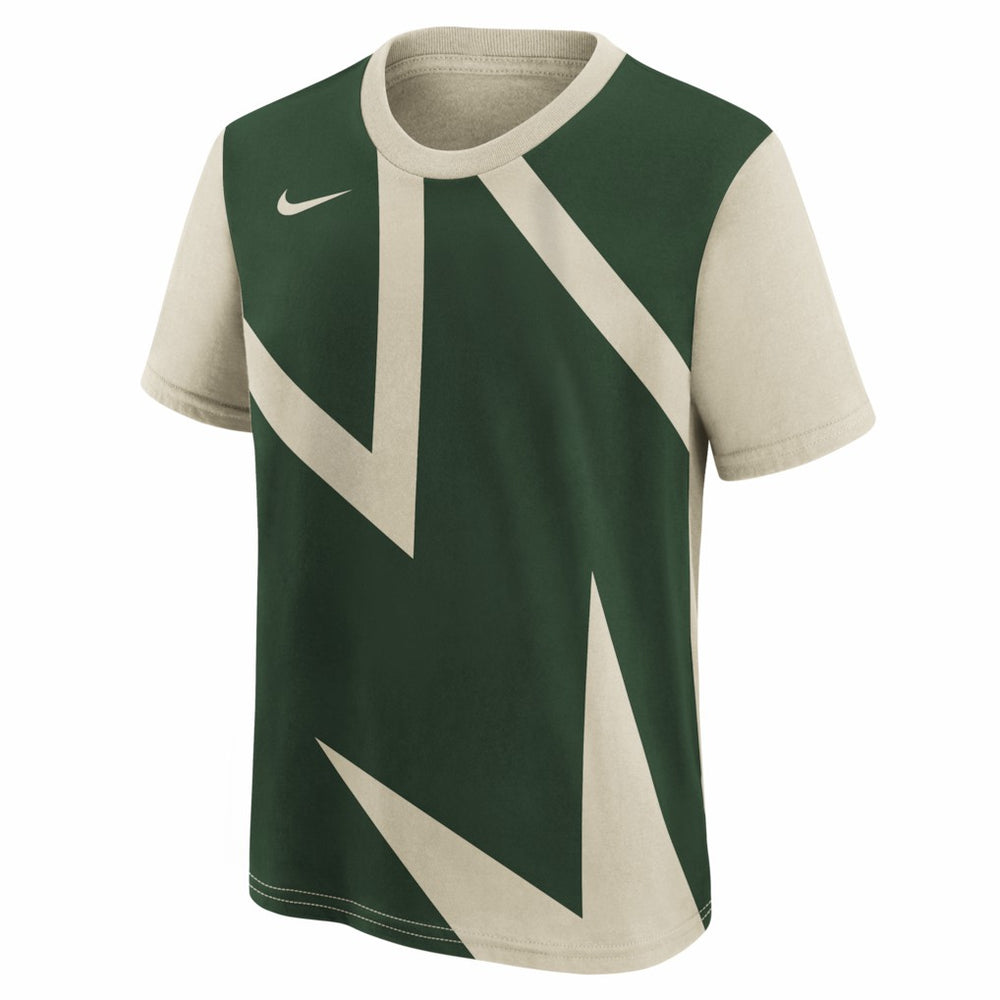 Milwaukee Bucks Youth 2025/26 City Edition Max90 T-Shirt Cream/Hunter Green - Nike