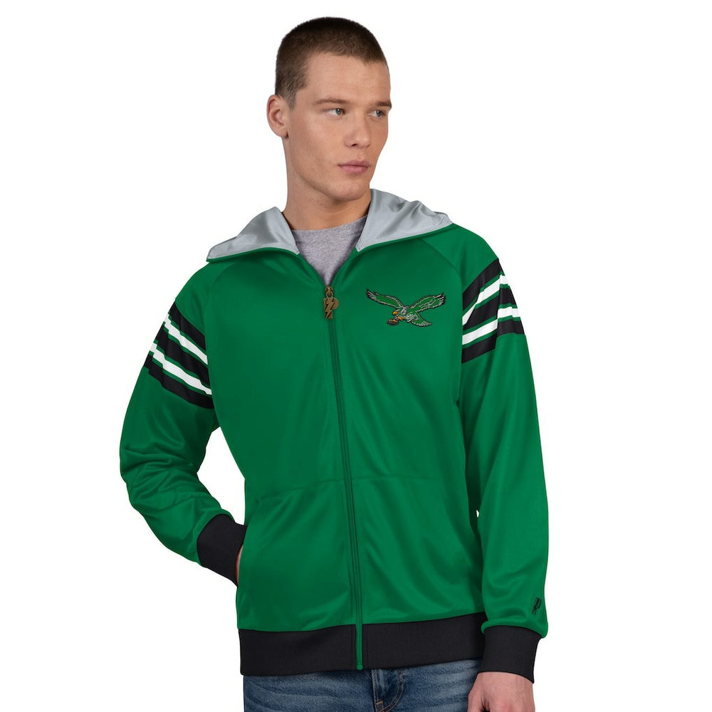 Philadelphia Eagles Pro Player Retro Helmet Full-Zip Hooded Track Jacket - Kelly Green/Black Jackets