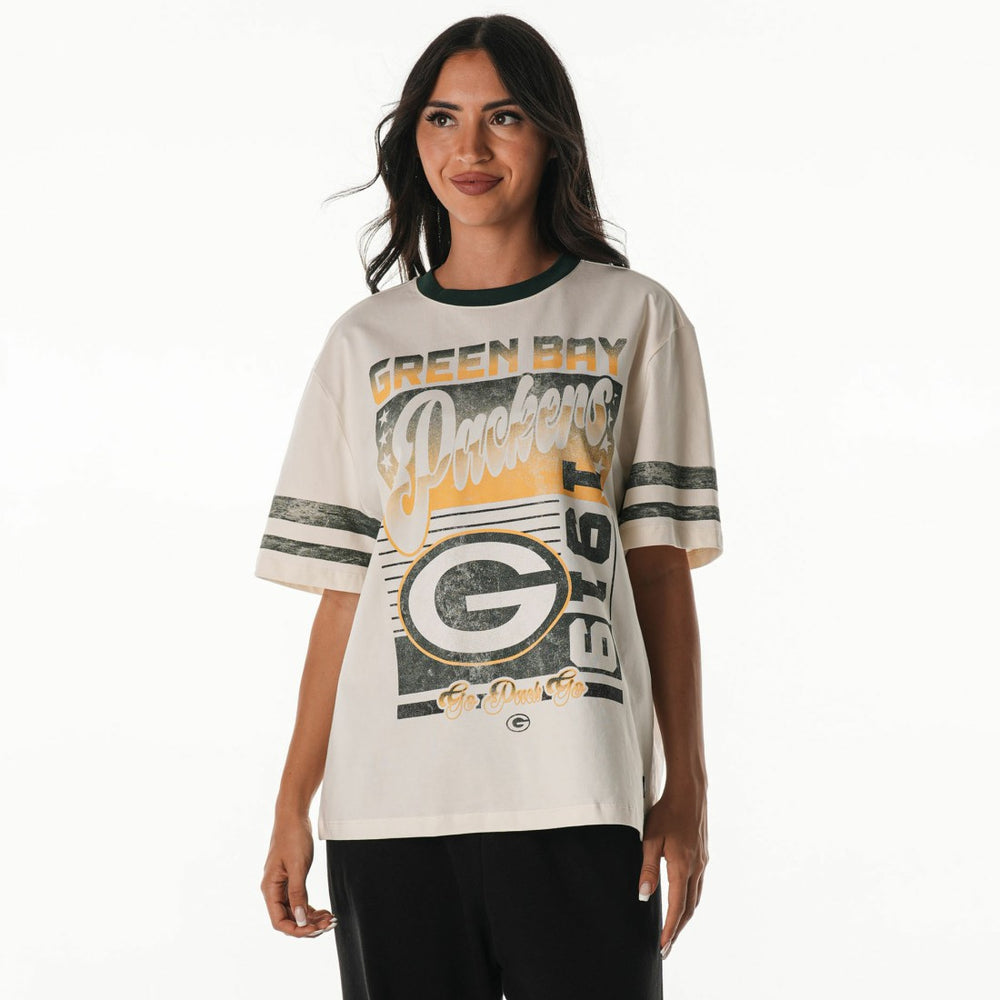 Green Bay Packers The Wild Collective Women's Vintage Drop Shoulder Oversized Boyfriend T-Shirt - Cream T-shirts