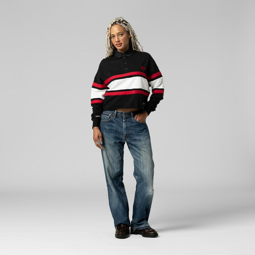 Buffalo Bills Women's Throwback Cropped Long Sleeve Rugby Polo - Black
