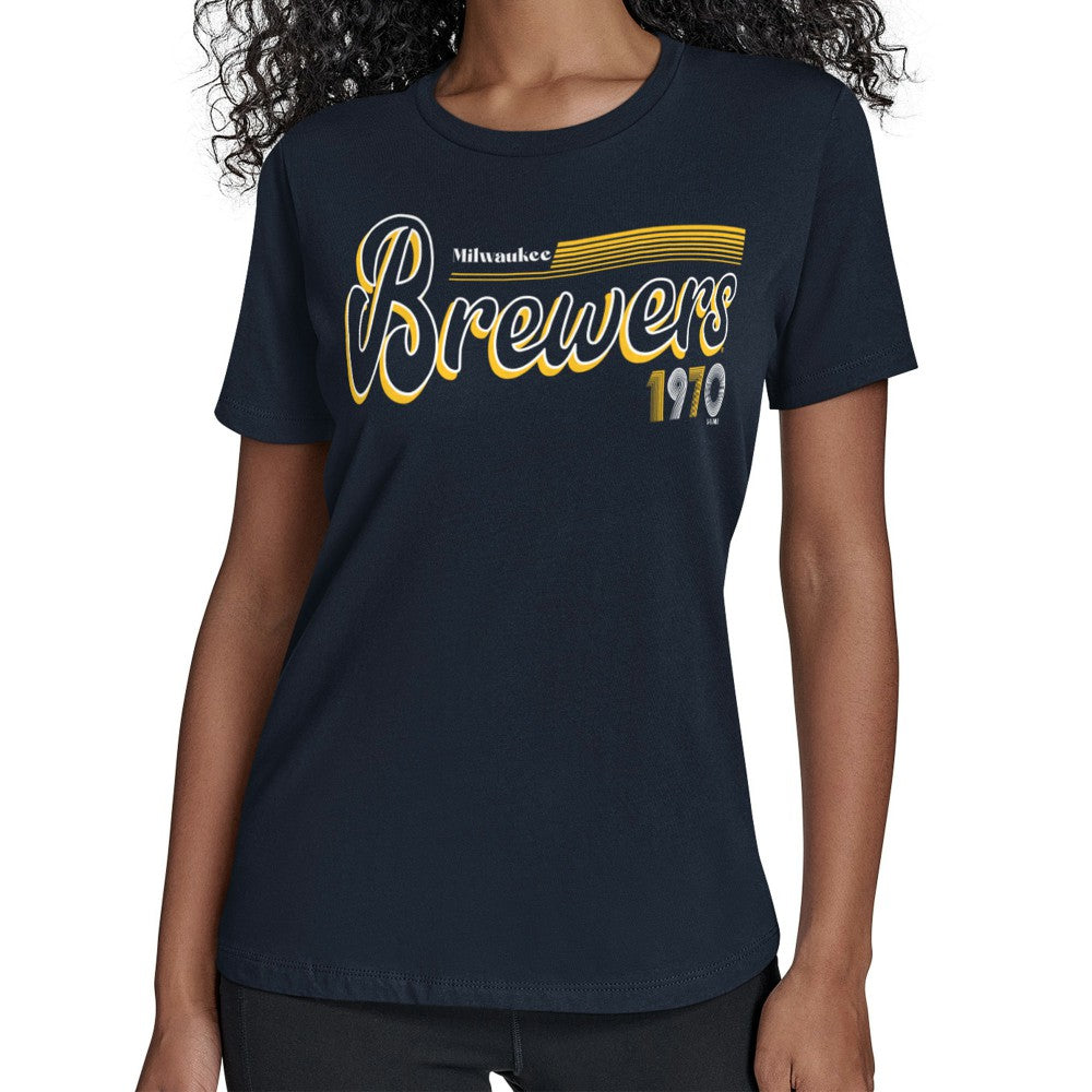 Milwaukee Brewers Starter Women's Groovy Script Team Fitted T-Shirt - Navy T-shirts