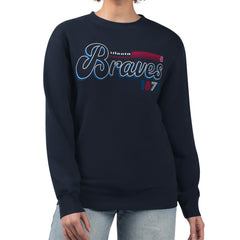 Atlanta Braves Starter Women's Groovy Script Team Fleece Pullover Sweatshirt - Navy Pullover