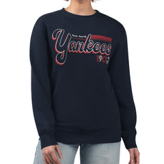 New York Yankees Starter Women's Groovy Script Team Fleece Pullover Sweatshirt - Navy Pullover