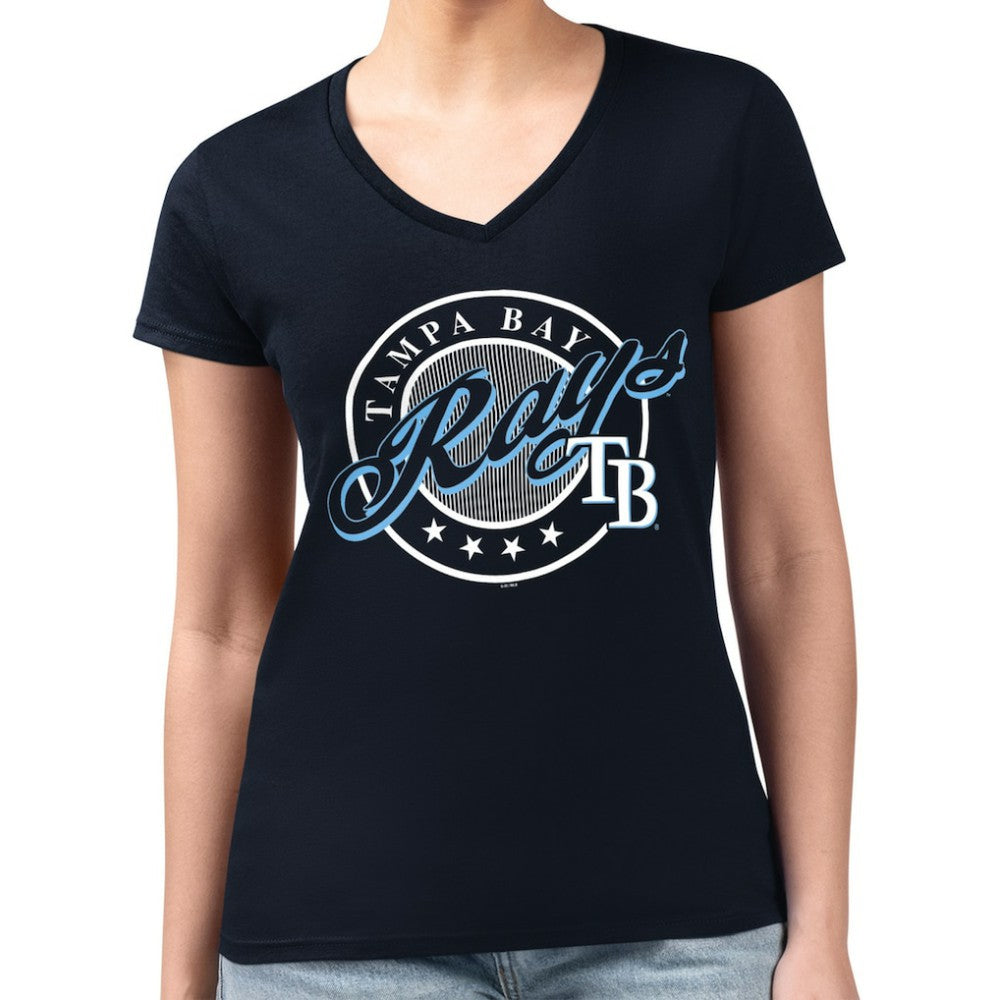 Tampa Bay Rays G-III 4Her by Carl Banks Women's Super-Slim Fit Lightweight Pinstripe Circle V-Neck T-Shirt - Navy T-shirts