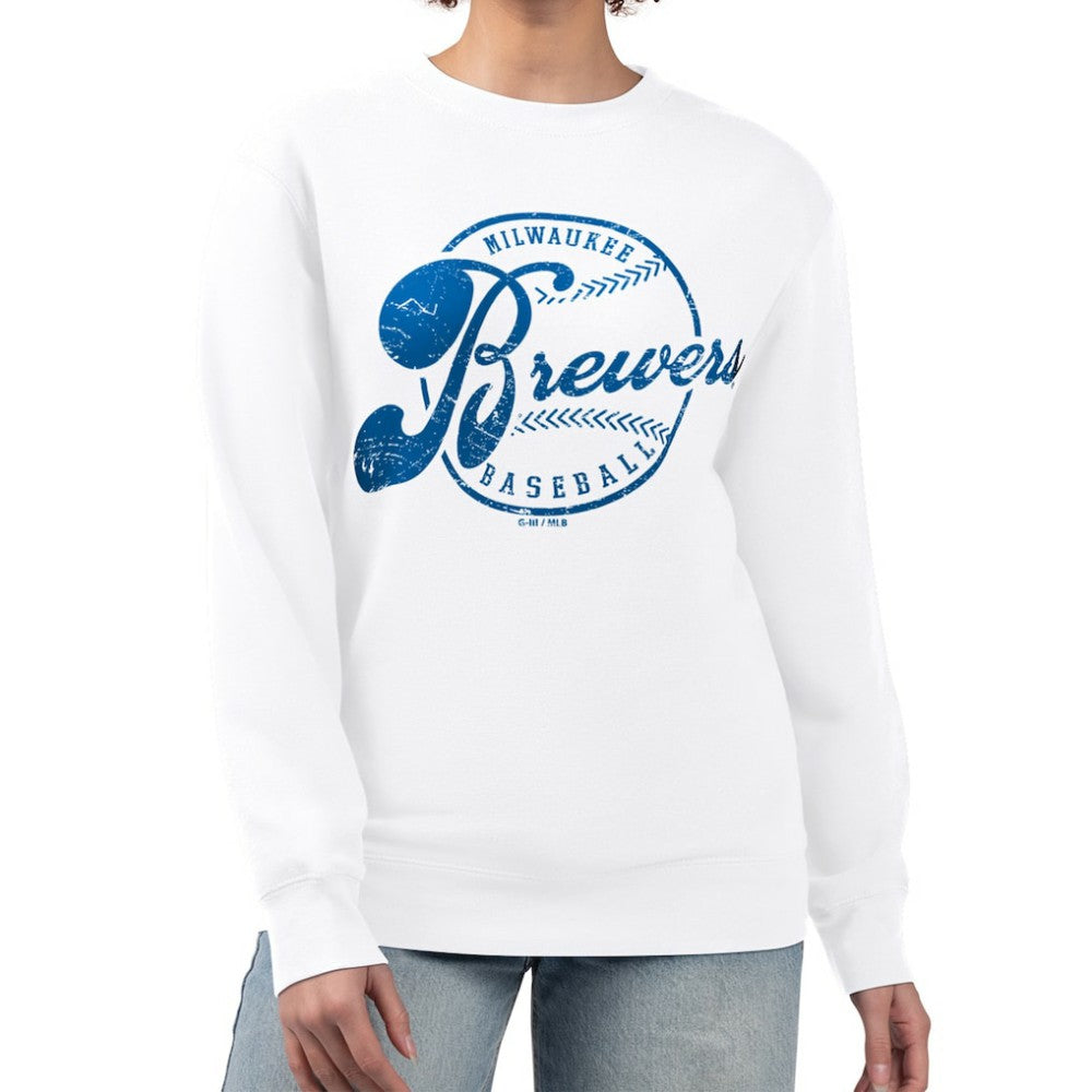 Milwaukee Brewers G-III 4Her by Carl Banks Women's Distressed Baseball Team Fleece Pullover Sweatshirt - White Pullover