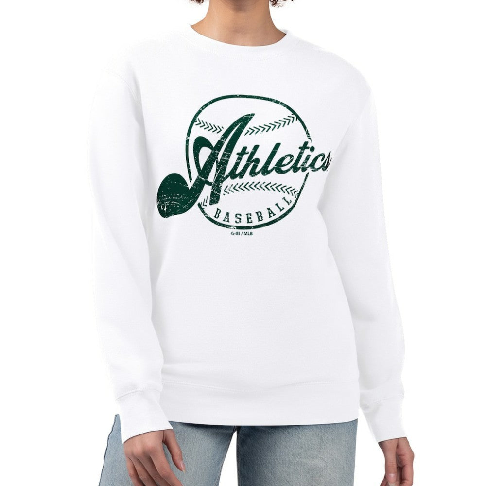 Athletics G-III 4Her by Carl Banks Women's Distressed Baseball Team Fleece Pullover Sweatshirt - White Pullover