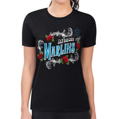 Miami Marlins G-III 4Her by Carl Banks Women's Super-Slim Fit Lightweight Retro Roses T-Shirt - Black T-shirts