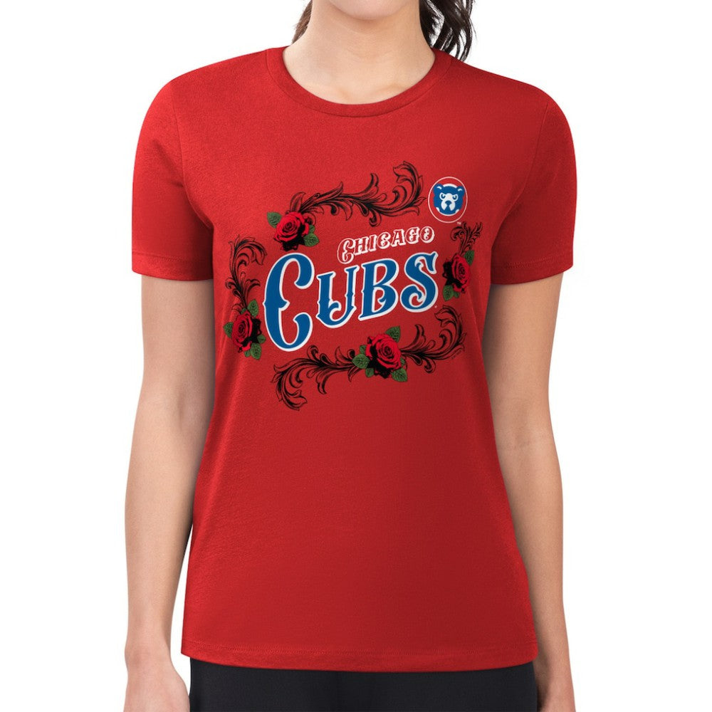 Chicago Cubs G-III 4Her by Carl Banks Women's Super-Slim Fit Lightweight Retro Roses T-Shirt - Red T-shirts