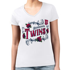Minnesota Twins G-III 4Her by Carl Banks Women's Super-Slim Fit Lightweight Retro Roses V-Neck T-Shirt - White T-shirts