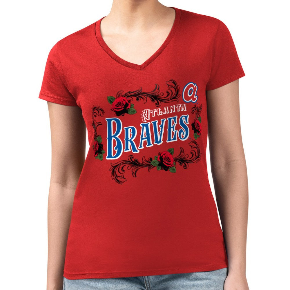 Atlanta Braves G-III 4Her by Carl Banks Women's Super-Slim Fit Lightweight Retro Roses V-Neck T-Shirt - Red T-shirts