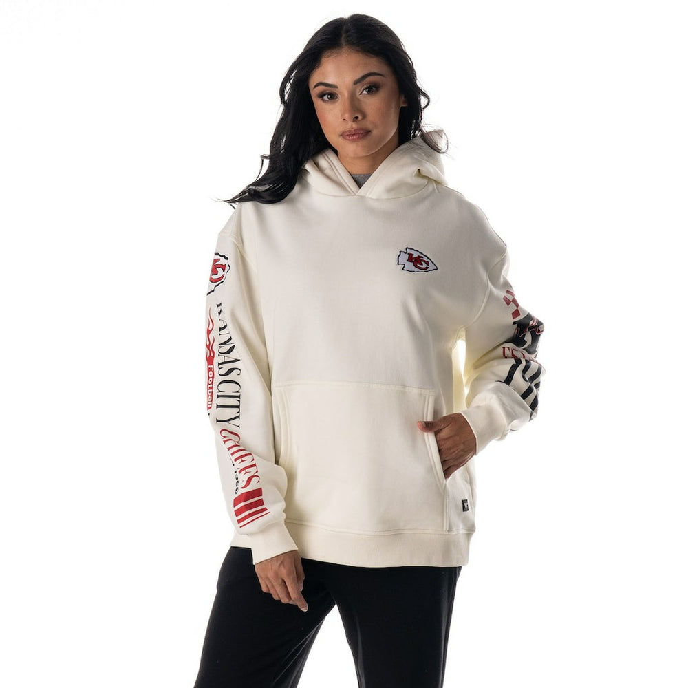 Kansas City Chiefs The Wild Collective Unisex Stacked Graphic Sleeve Fleece Hoodie - Cream Hoodies