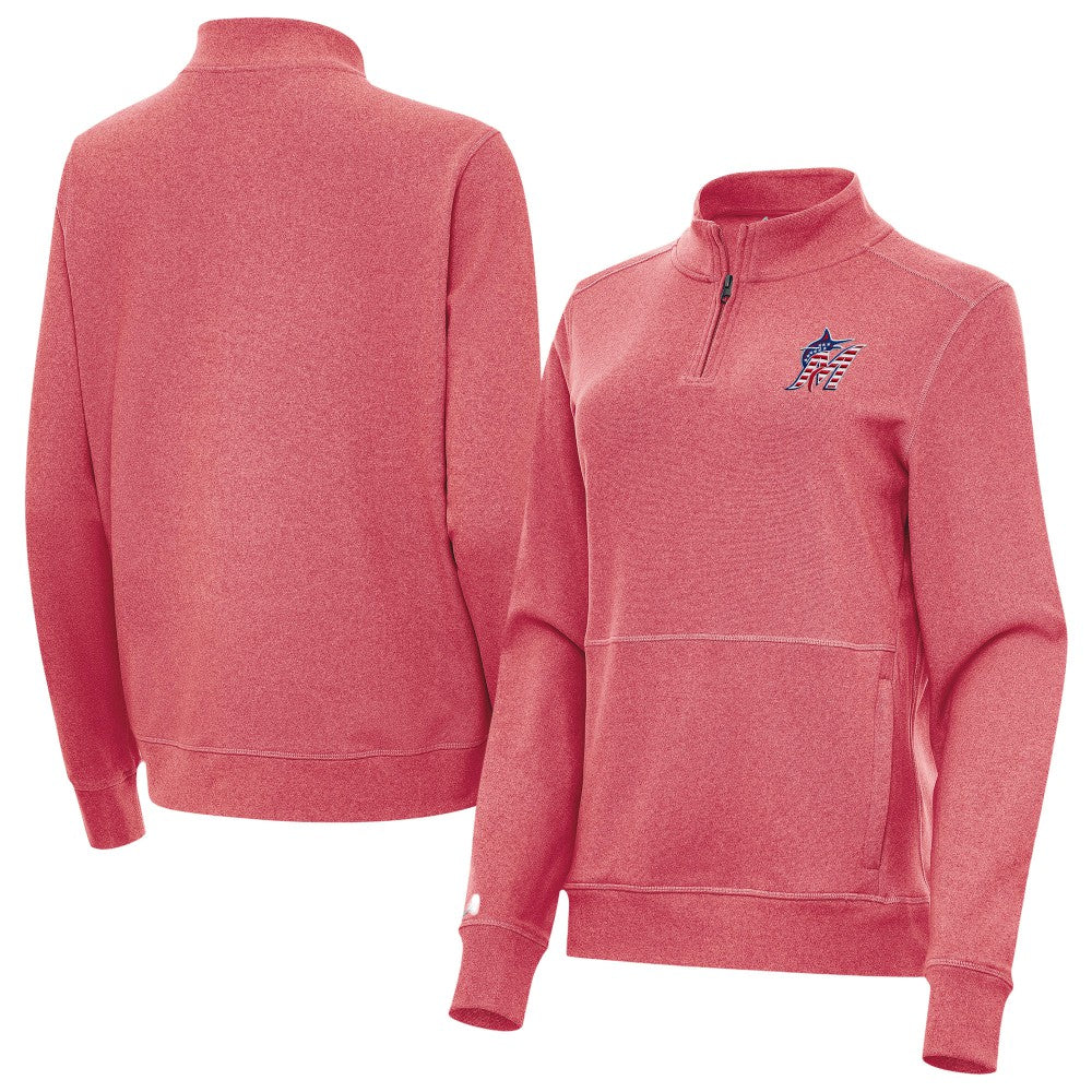 Miami Marlins Antigua Women's Crush Stars and Stripes Team Logo Quarter-Zip Pullover Top - Heather Red Pullover