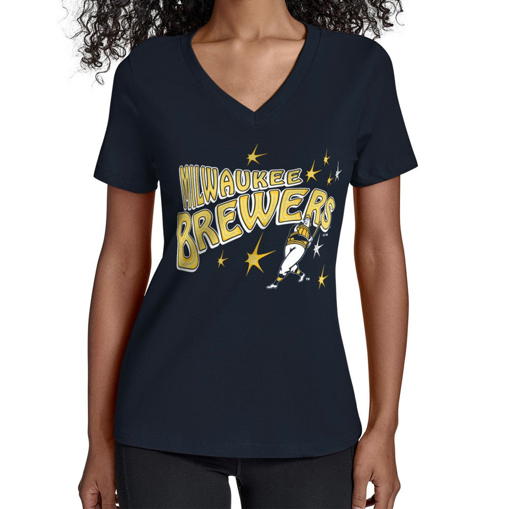 Milwaukee Brewers Starter Women's Fireworks V-Neck T-Shirt - Navy T-shirts