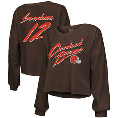 Shedeur Sanders Cleveland Browns Majestic Threads Women's Name & Number Off-Shoulder Script Cropped Long Sleeve Relaxed V-Neck T-Shirt - Brown T-shirts