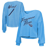 Cameron Ward Tennessee Titans Majestic Threads Women's Name & Number Off-Shoulder Script Cropped Long Sleeve Relaxed V-Neck T-Shirt - Light Blue T-shirts