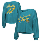 Travis Hunter Jacksonville Jaguars Majestic Threads Women's Name & Number Off-Shoulder Script Cropped Long Sleeve Relaxed V-Neck T-Shirt - Teal T-shirts
