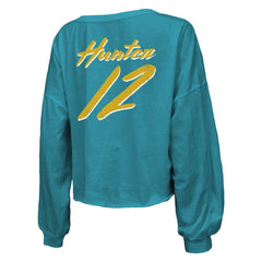 Travis Hunter Jacksonville Jaguars Majestic Threads Women's Name & Number Off-Shoulder Script Cropped Long Sleeve Relaxed V-Neck T-Shirt - Teal T-shirts