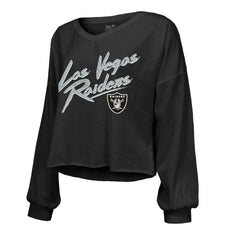 Ashton Jeanty Las Vegas Raiders Majestic Threads Women's Name & Number Off-Shoulder Script Cropped Long Sleeve Relaxed V-Neck T-Shirt - Black T-shirts