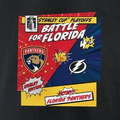 Florida Panthers vs. Tampa Bay Lightning 2025 Stanley Cup Playoffs Rivalry Comic Pop T-Shirt - Black | US 203138063