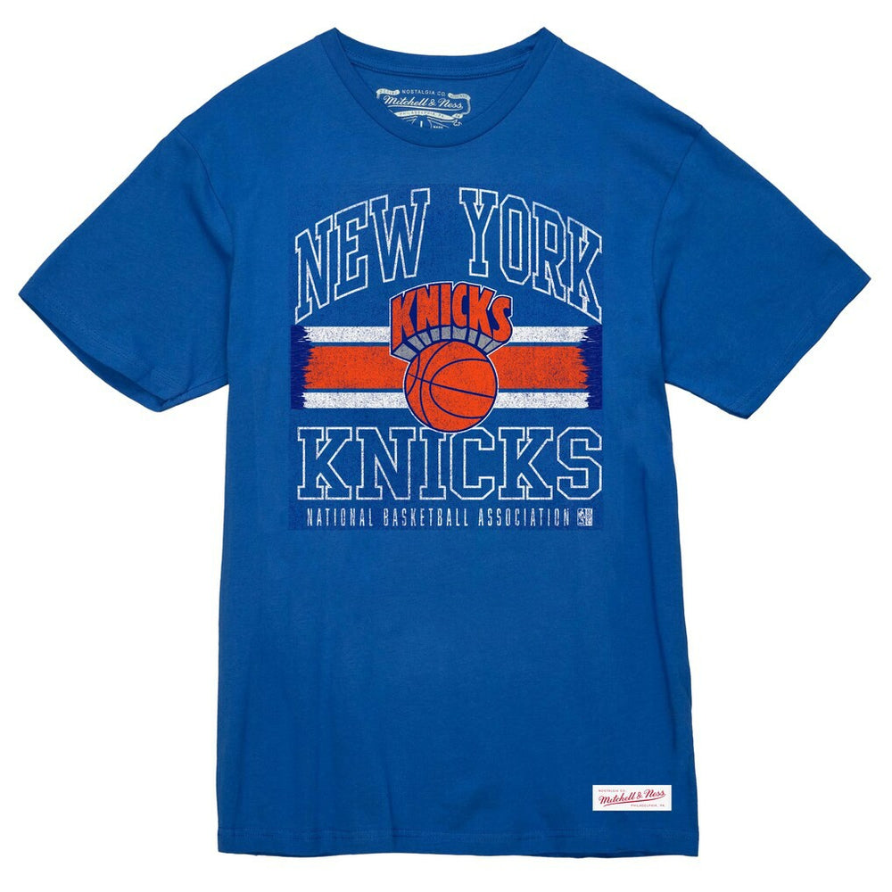 New York Knicks Striped Logo Lockup Premium T-Shirt Royal - Mitchell & Ness