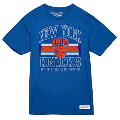 New York Knicks Striped Logo Lockup Premium T-Shirt Royal - Mitchell & Ness