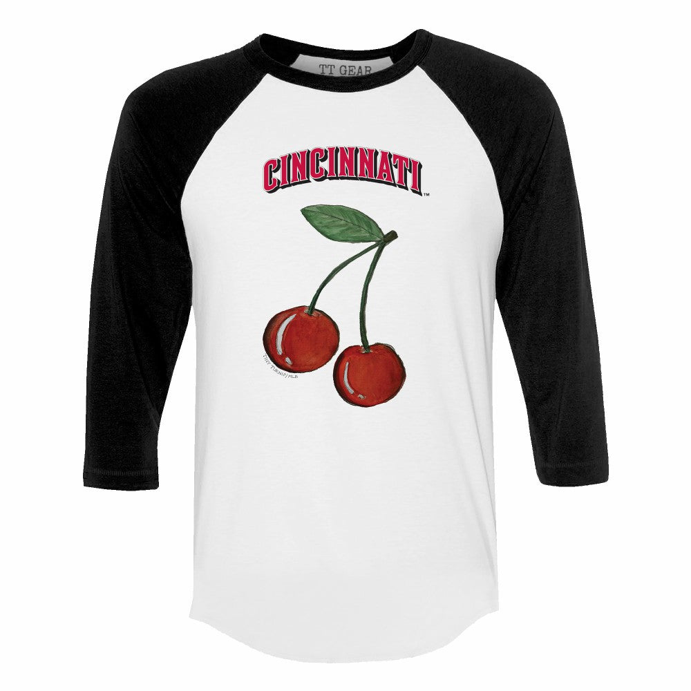 Cincinnati Reds Tiny Turnip Women's Cherries 3/4-Sleeve Raglan Baseball T-Shirt - White T-shirts