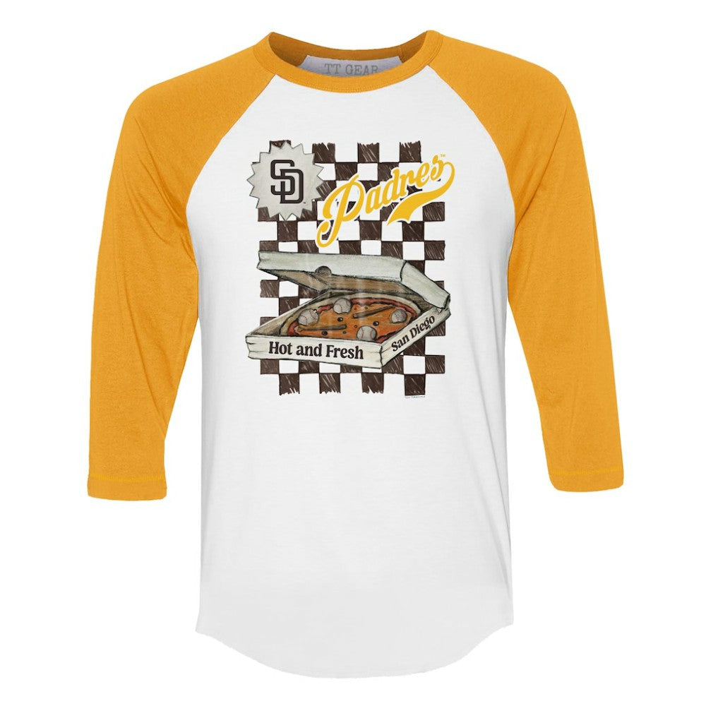 San Diego Padres Tiny Turnip Women's Pizza 3/4-Sleeve Raglan Baseball T-Shirt - White/Gold T-shirts