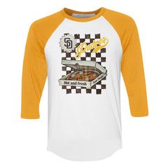 San Diego Padres Tiny Turnip Women's Pizza 3/4-Sleeve Raglan Baseball T-Shirt - White/Gold T-shirts