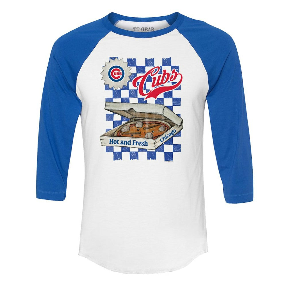 Chicago Cubs Tiny Turnip Women's Pizza 3/4-Sleeve Raglan Baseball T-Shirt - White/Royal T-shirts