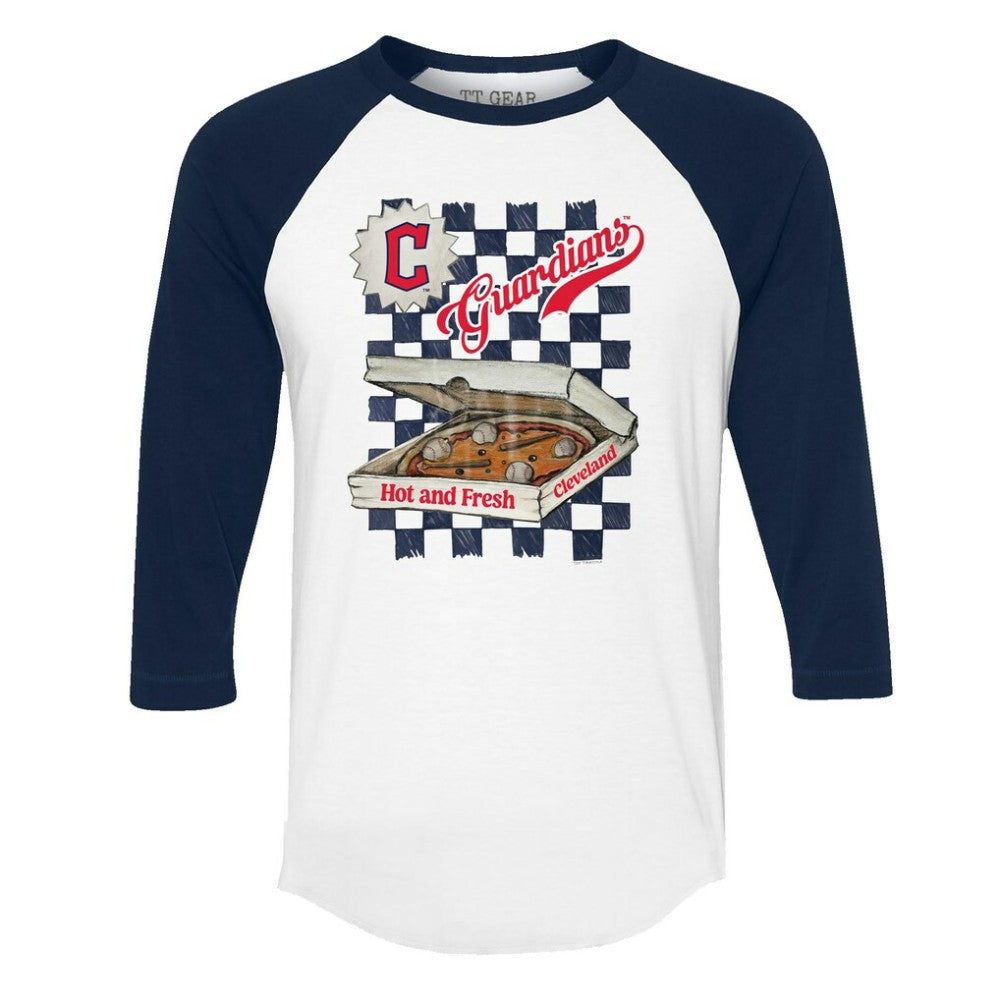 Cleveland Guardians Tiny Turnip Women's Pizza 3/4-Sleeve Raglan Baseball T-Shirt - White/Navy T-shirts
