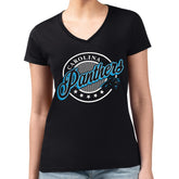Carolina Panthers G-III 4Her by Carl Banks Women's Super-Slim Fit Lightweight Pinstripe Circle V-Neck T-Shirt - Black T-shirts