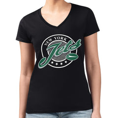 New York Jets G-III 4Her by Carl Banks Women's Super-Slim Fit Lightweight Pinstripe Circle V-Neck T-Shirt - Black T-shirts