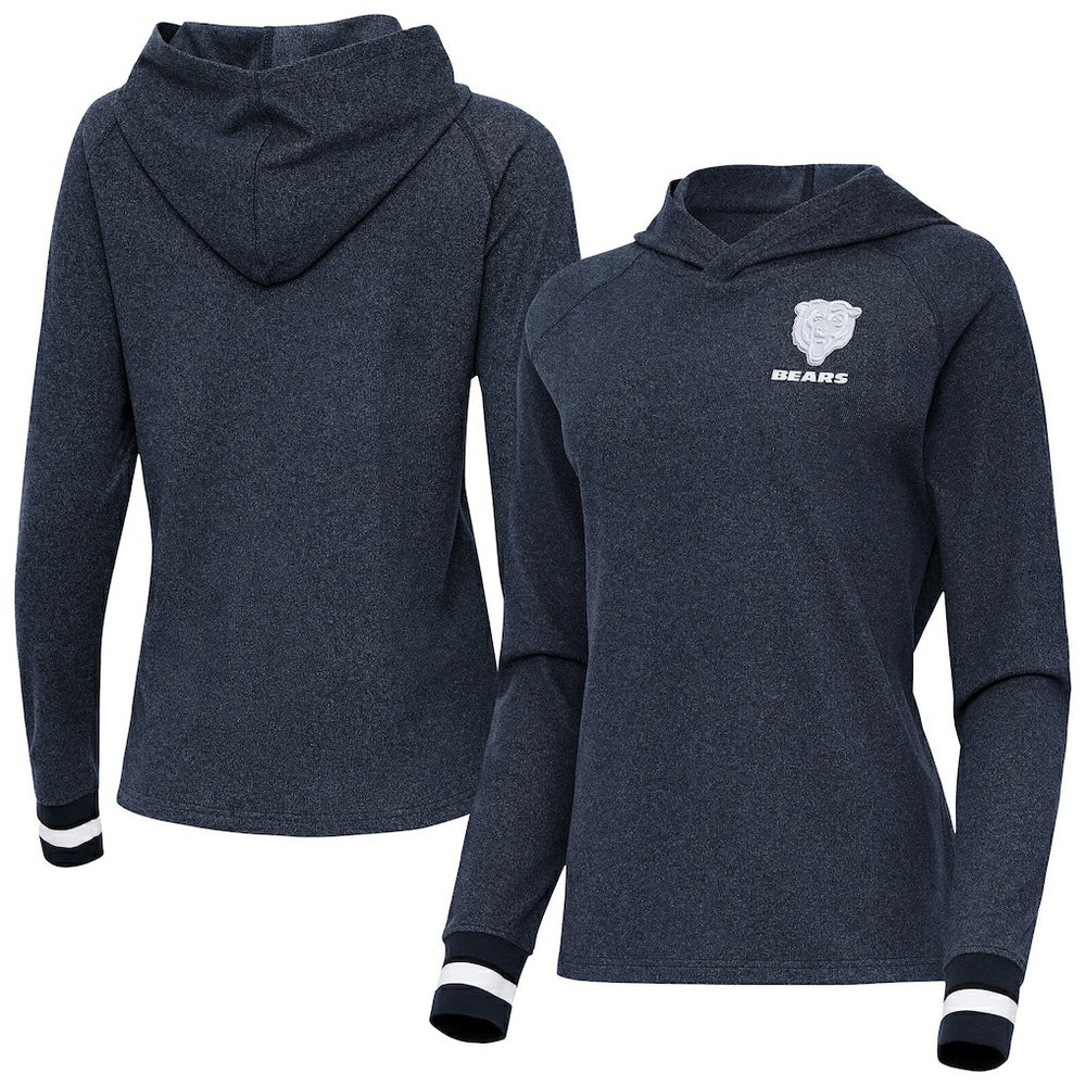 Chicago Bears Antigua Women's Trek Raglan Pullover Hoodie - Heather Navy Hoodies