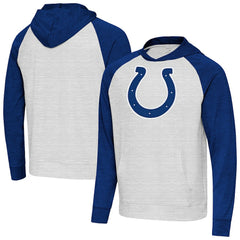 Indianapolis Colts Antigua Urgent Raglan Pullover Hoodie - Heather Gray/Heather Royal Hoodies