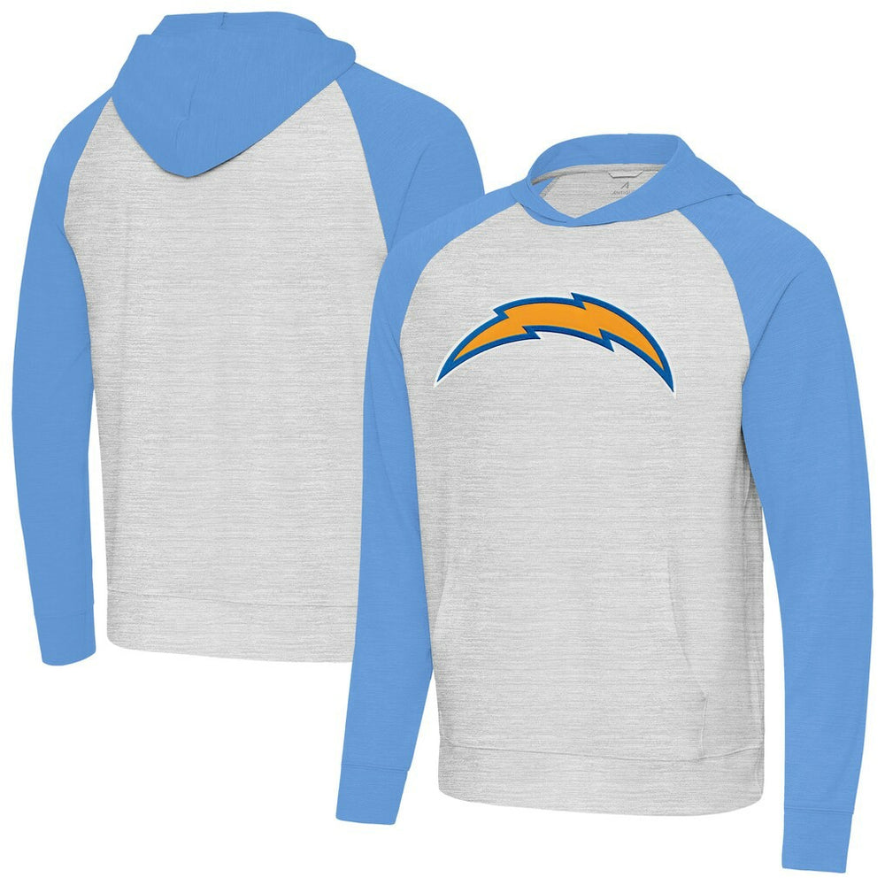 Los Angeles Chargers Antigua Urgent Raglan Pullover Hoodie - Heather Gray/Heather Powder Blue Hoodies