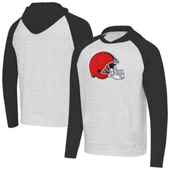 Cleveland Browns Antigua Urgent Raglan Pullover Hoodie - Heather Gray/Black Hoodies