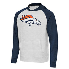 Denver Broncos Antigua Urgent Raglan Pullover Hoodie - Heather Gray/Heather Navy Hoodies
