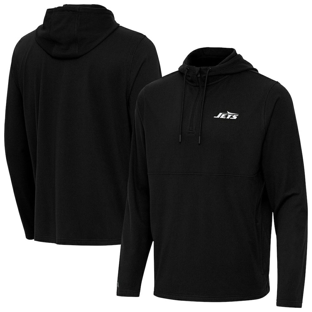 New York Jets Antigua Connected Quarter-Zip Pullover Hoodie - Black Hoodies