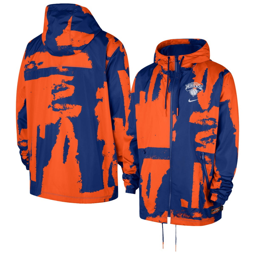 New York Knicks Courtside Club Premium Woven Full-Zip Hooded Jacket Blue/Orange - Nike