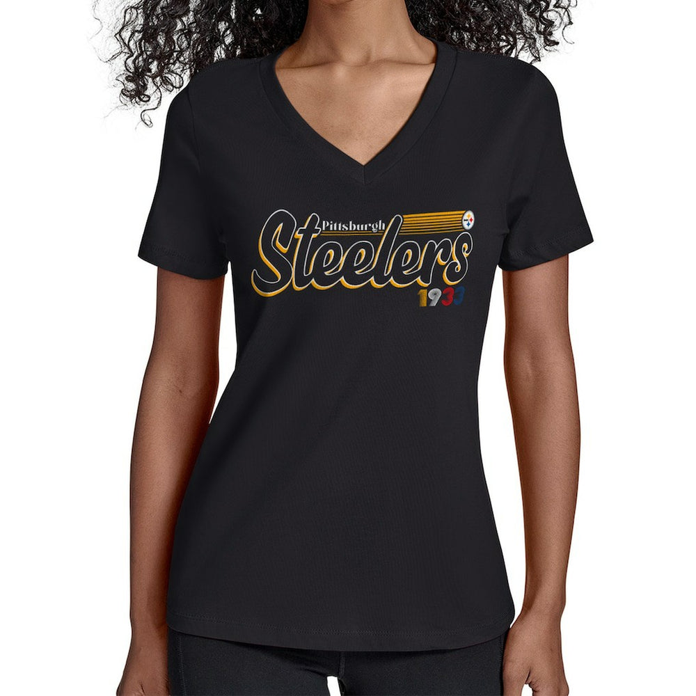 Pittsburgh Steelers Starter Women's Groovy Script V-Neck T-Shirt - Black T-shirts