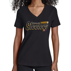 Pittsburgh Steelers Starter Women's Groovy Script V-Neck T-Shirt - Black T-shirts