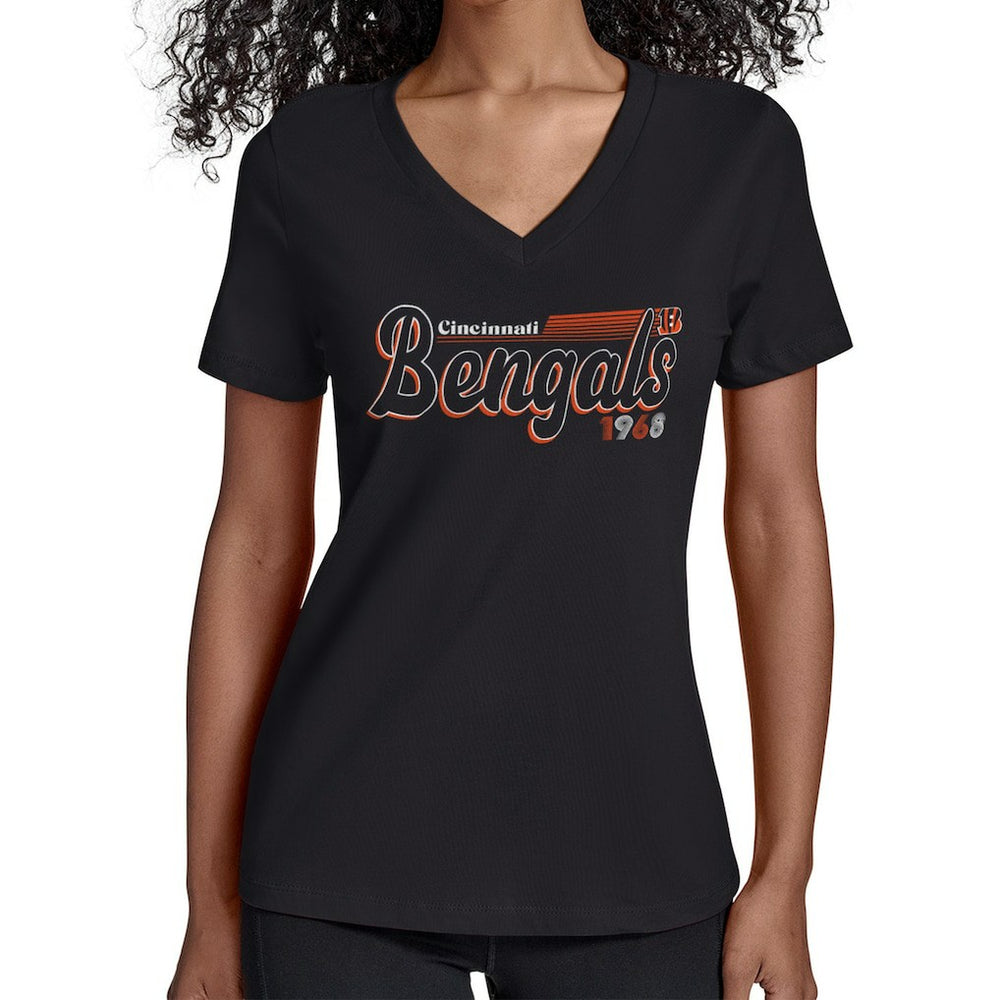 Cincinnati Bengals Starter Women's Groovy Script V-Neck T-Shirt - Black T-shirts