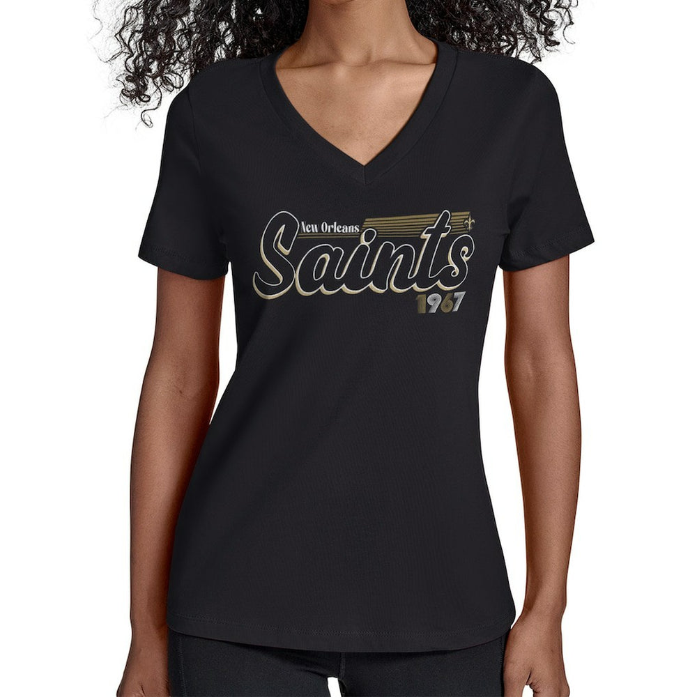 New Orleans Saints Starter Women's Groovy Script V-Neck T-Shirt - Black T-shirts