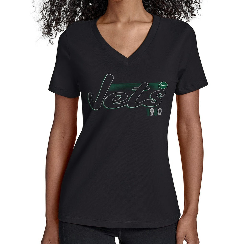 New York Jets Starter Women's Groovy Script V-Neck T-Shirt - Black T-shirts