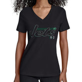 New York Jets Starter Women's Groovy Script V-Neck T-Shirt - Black T-shirts