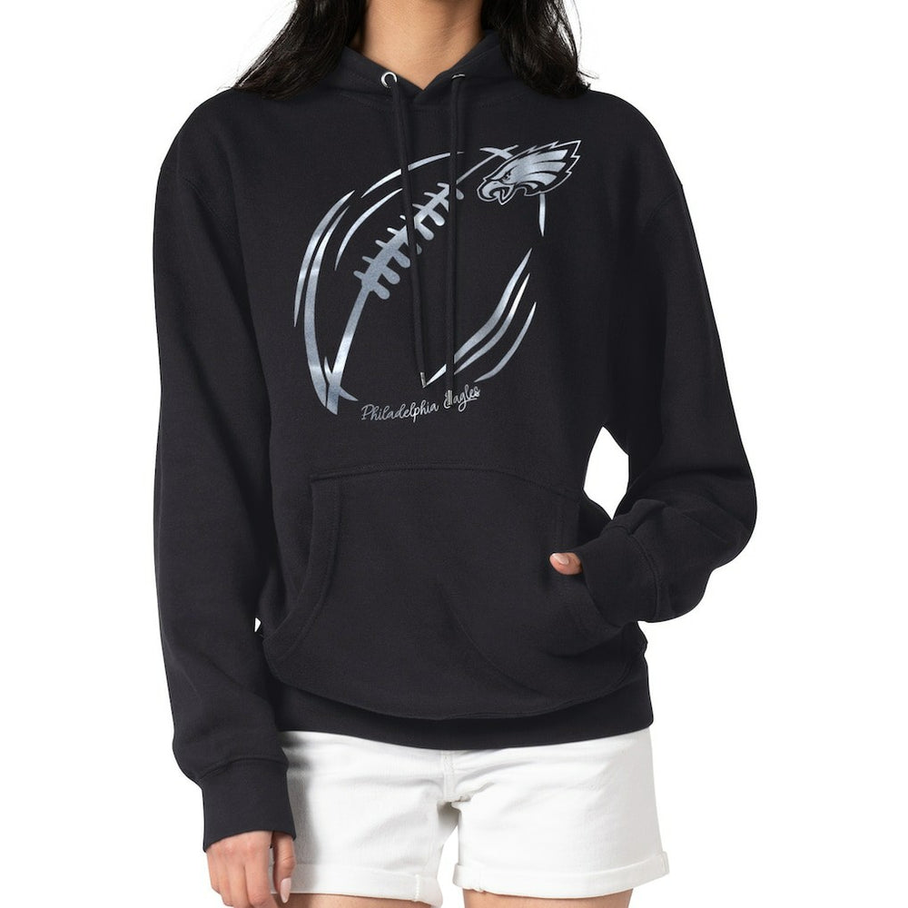 Philadelphia Eagles G-III 4Her by Carl Banks Women's Metallic Print Football Sketch Fleece Pullover Hoodie - Black Hoodies