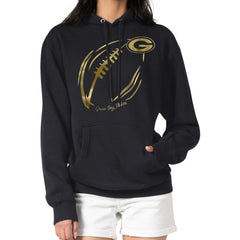 Green Bay Packers G-III 4Her by Carl Banks Women's Metallic Print Football Sketch Fleece Pullover Hoodie - Black Hoodies