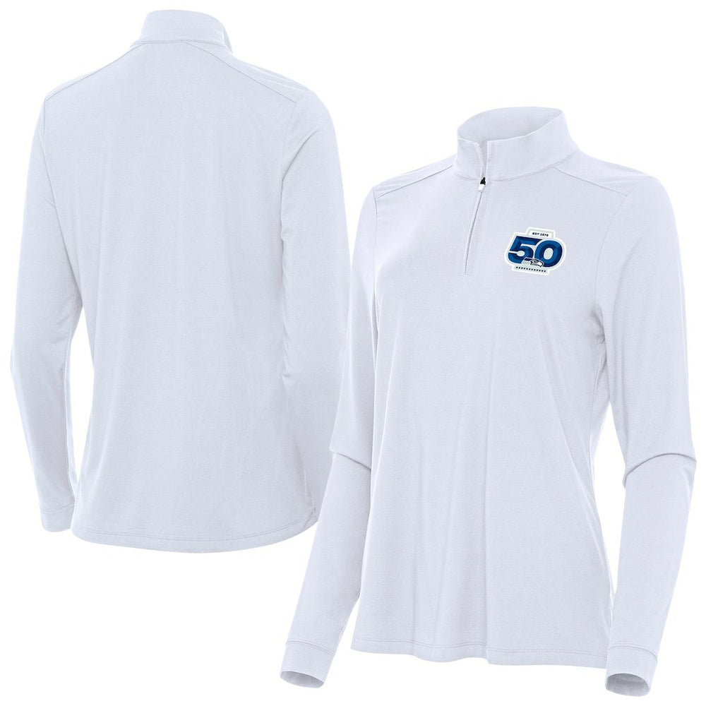 Seattle Seahawks Antigua Women's 50th Season Intent Quarter-Zip Pullover - White Pullover