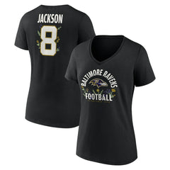 Lamar Jackson Baltimore Ravens Women's Floral Name & Number V-Neck T-Shirt - Black T-shirts