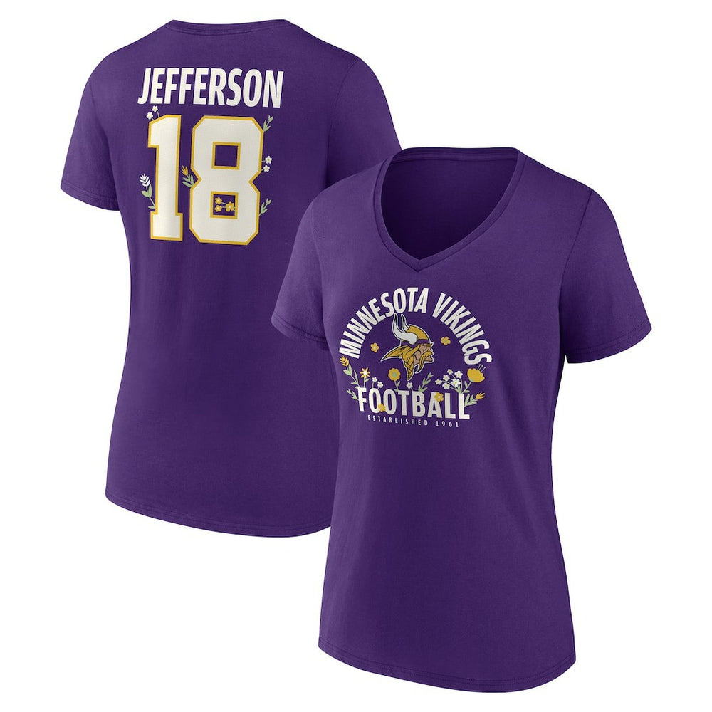 Justin Jefferson Minnesota Vikings Women's Floral Name & Number V-Neck T-Shirt - Purple T-shirts